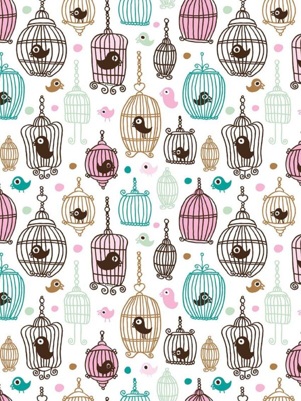 Rollo Papel de regalo TRENDY • Jaulas y Pajaros • Blanco-Azul turquesa-Marrón-Rosa