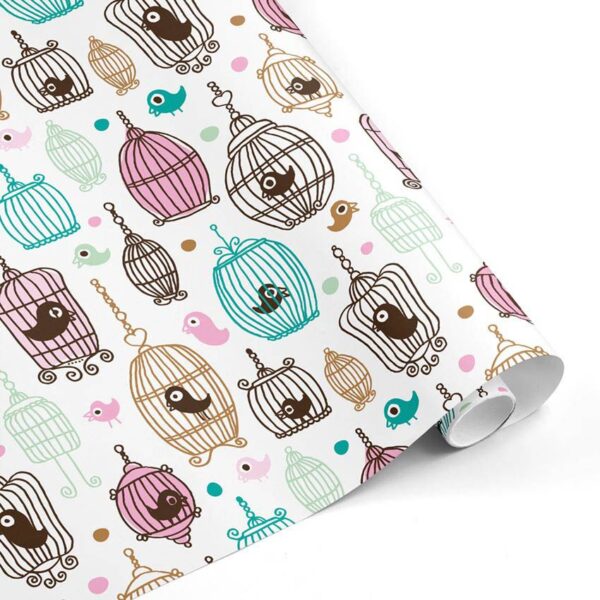Rollo Papel de regalo TRENDY • Jaulas y Pajaros • Blanco-Azul turquesa-Marrón-Rosa–mkp