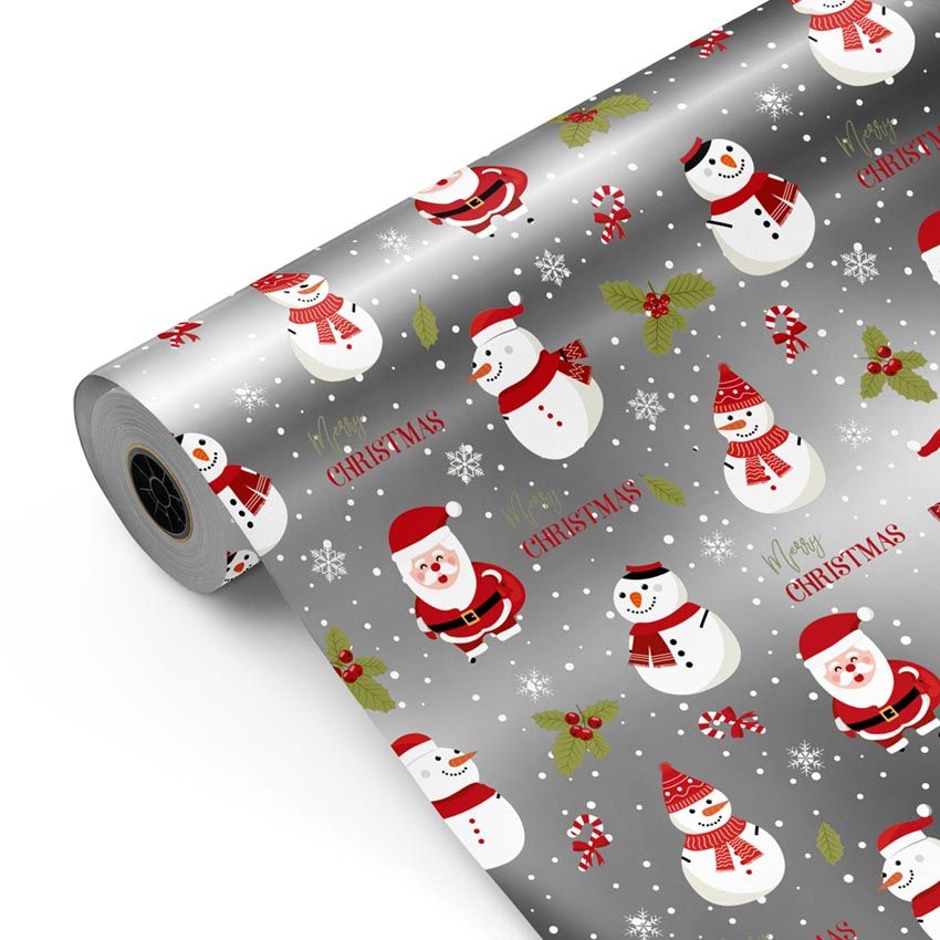 Bobina papel de regalo Papa Noel y Muñeco de Nieve Plata - mckp