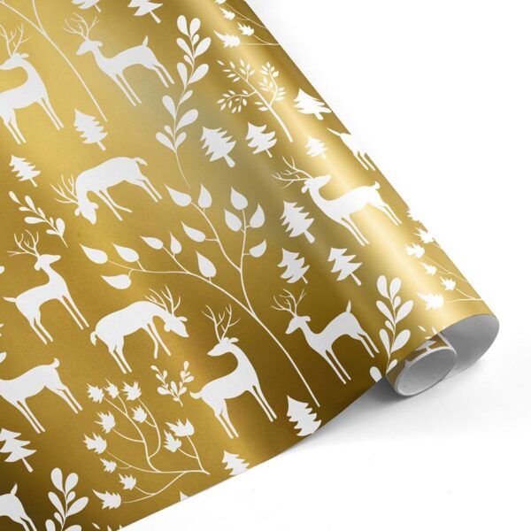 Rollo papel de regalo Bosque Ciervos Oro - Blanco–mckp