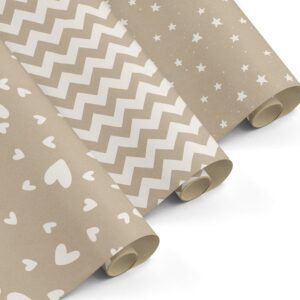 Pack 3 rollos papel regalo 0,5x3m • KRAFT IMPRESION VARIADA- Con 8 etiquetas y cordones • Ideal para: Tiendas Negocios Comercios Cumpleaños Baby Shower Bodas Decoración