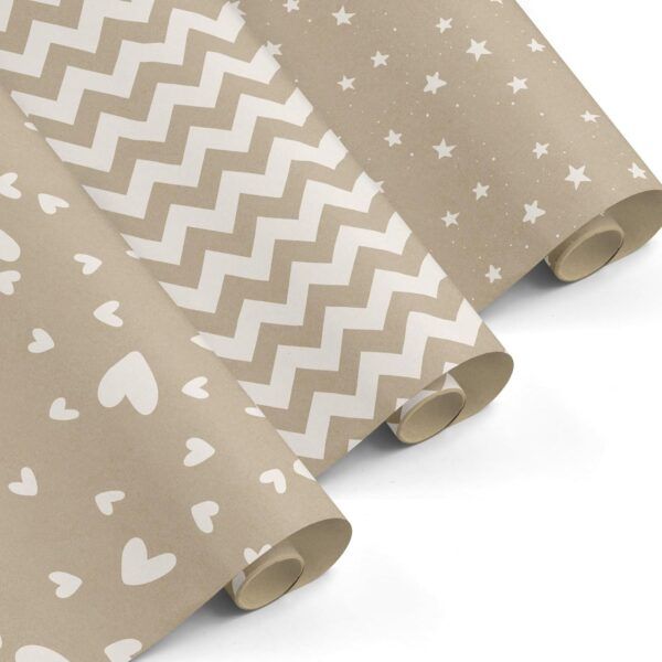 Pack 3 rollos papel regalo 0,5x3m • KRAFT IMPRESION VARIADA- Con 8 etiquetas y cordones • Ideal para: Tiendas Negocios Comercios Cumpleaños Baby Shower Bodas Decoración