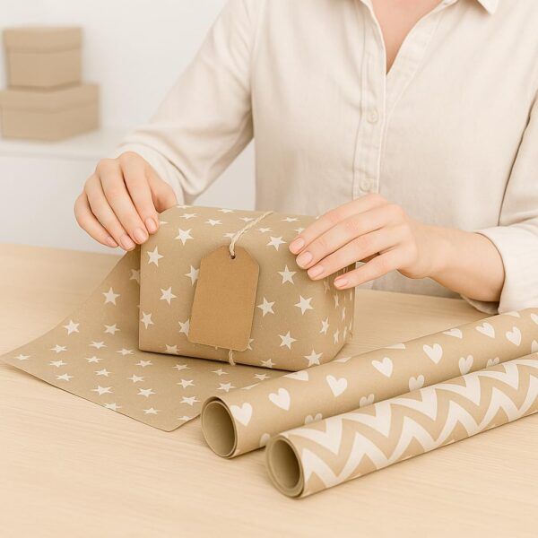 Pack 3 rollos papel regalo 0,5x3m • KRAFT IMPRESION VARIADA- Con 8 etiquetas y cordones • Ideal para: Tiendas Negocios Comercios Cumpleaños Baby Shower Bodas Decoración - Imagen 2