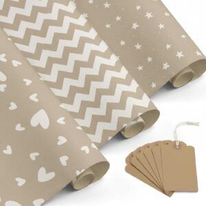 Pack 3 Rollos Papel de Regalo Kraft 0,5 x 3m Resistente Embalaje Regalos Tiendas Comercios Cumpleaños Baby Shower Bodas Decoración - FP Fiesta Paper