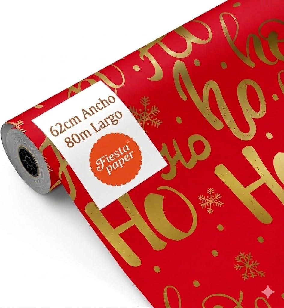 Rollo de Papel Regalo Ho,Ho,Ho 62cm x 80m Bobina Grande Resistente – Regalos Festivos Tiendas Comercios – FP Fiesta Paper